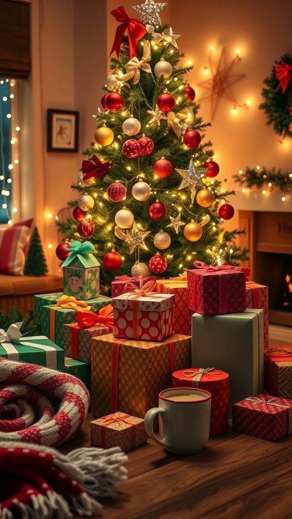 A decorated Christmas tree with gifts underneath, creating a festive holiday atmosphere.
